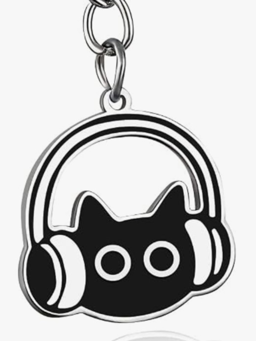Cool Cat Bag Charm Keychain - Silver and Black Cute Cat with Headphones Keyring